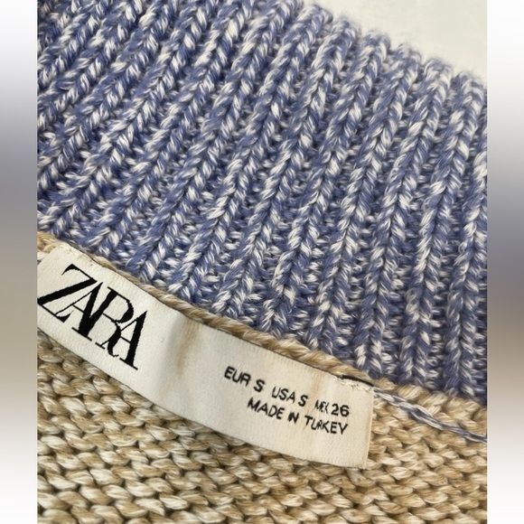 Zara Oversized Striped Sweater Blue Tan Chunky Knit Buttons Mock Neck Woman’s S - Picture 2 of 15
